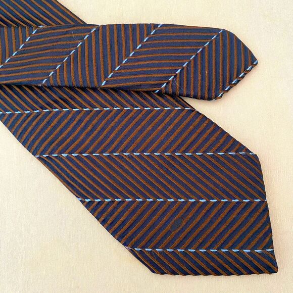 Valentino Italy Mens Neck Tie Brown Blue Ribbed Perpendicular Parallel Lines - Picture 2 of 5